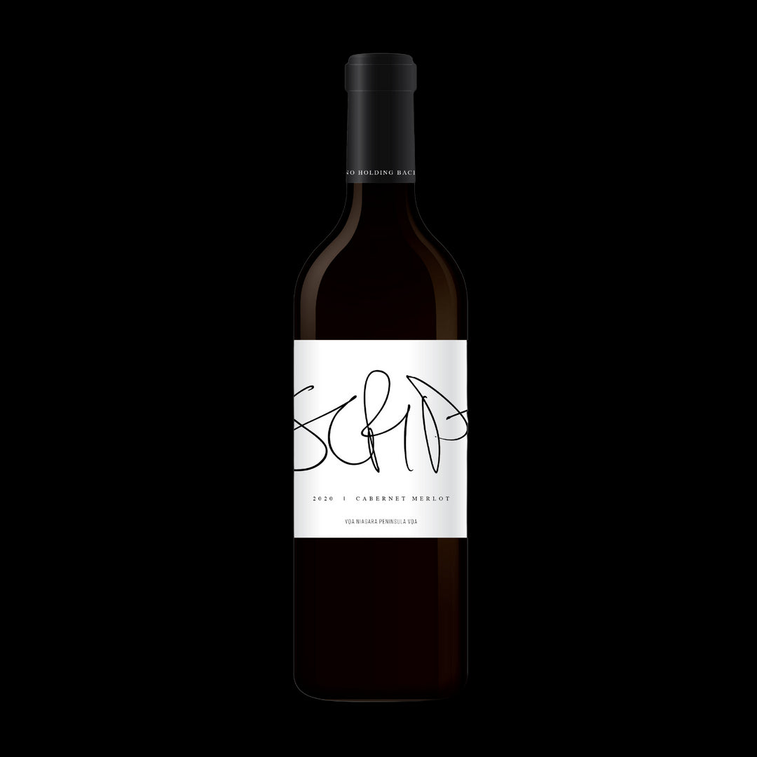 bottle of unscripted wine 2020 Cabernet Merlot in dark glass bottle on transparent background